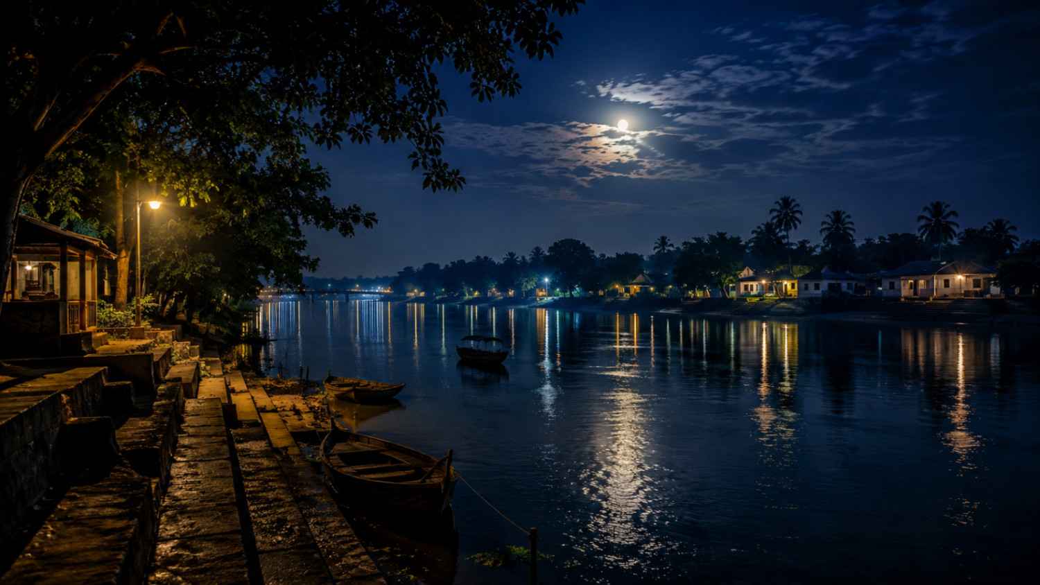Good night poem in Bengali – peaceful Bengali riverside at night with moonlight, boats and quiet village lights