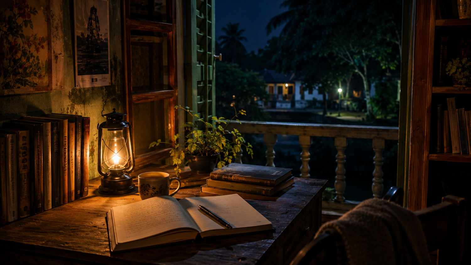 Good night poem in Bengali – quiet nighttime reading corner with lamp, books, notebook and peaceful Bengali home atmosphere