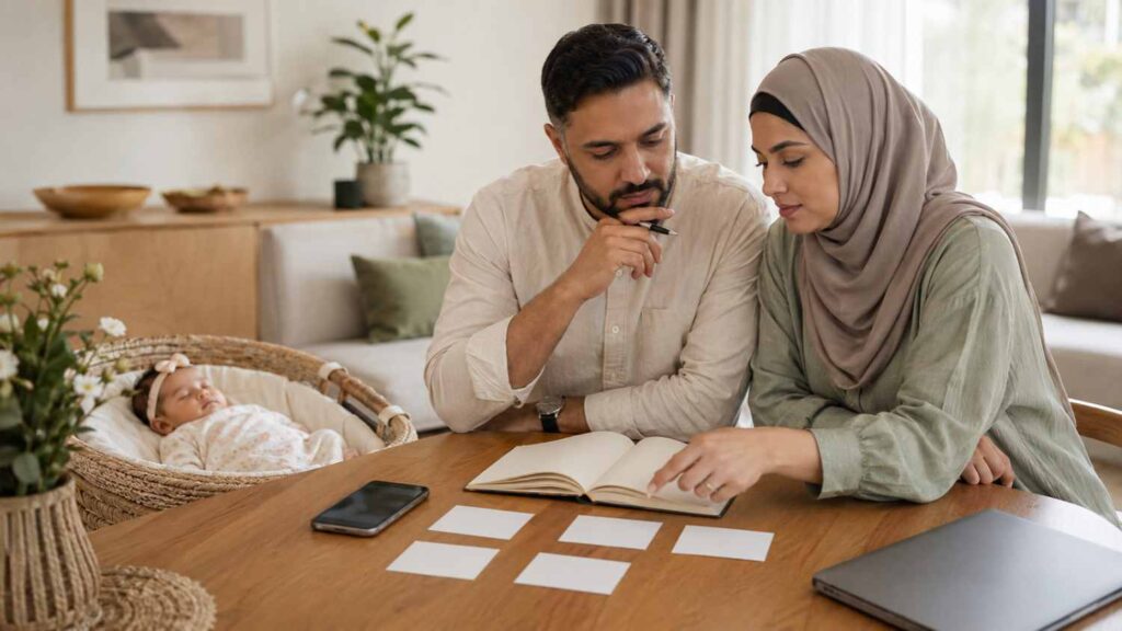 Modern Muslim girl names being compared by parents for pronunciation, spelling, meaning, and cross-cultural usability