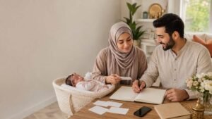 Muslim parents choosing meaningful Muslim girls name for their newborn baby girl at home