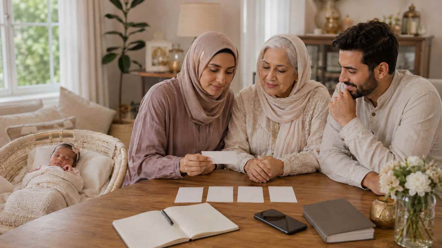 Muslim parents and grandmother discussing a final shortlist of names for a newborn baby girl