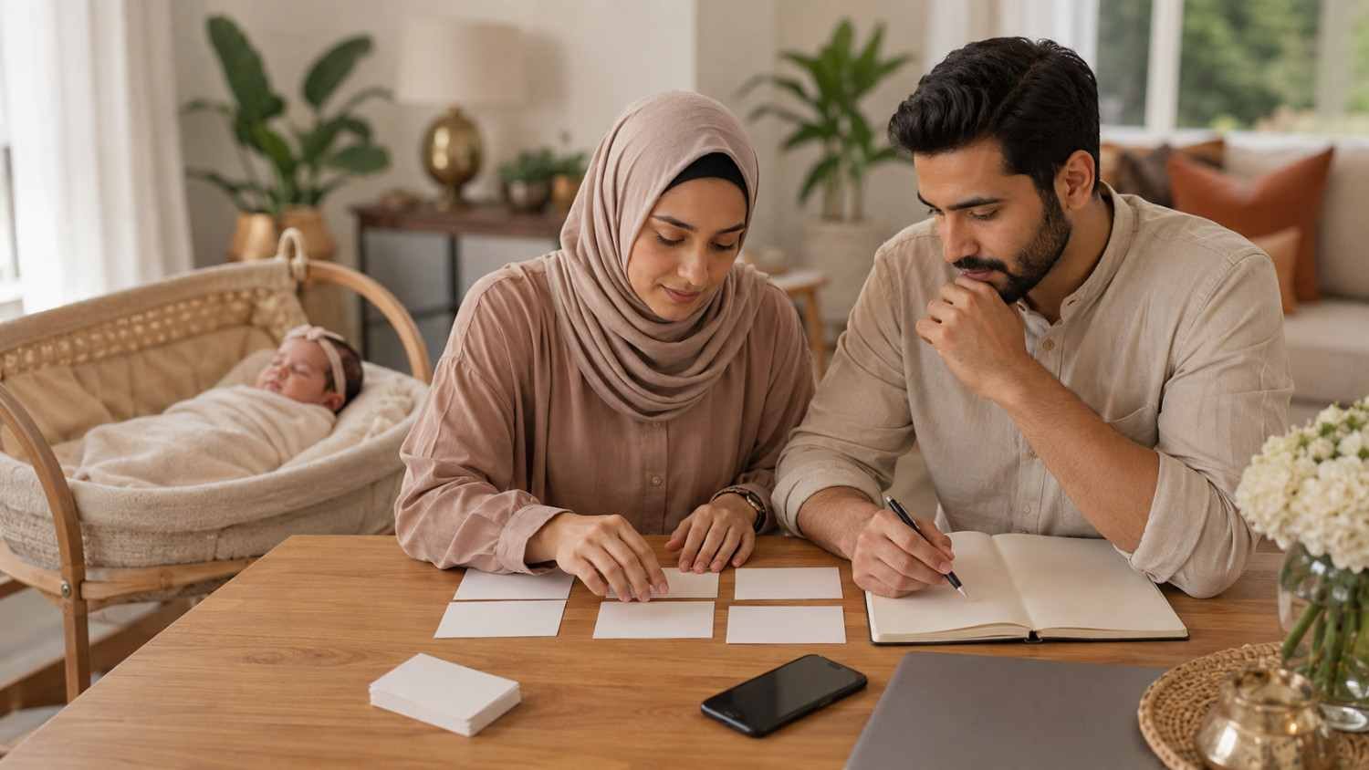 Muslim parents researching meanings and spellings while choosing a name for their baby girl