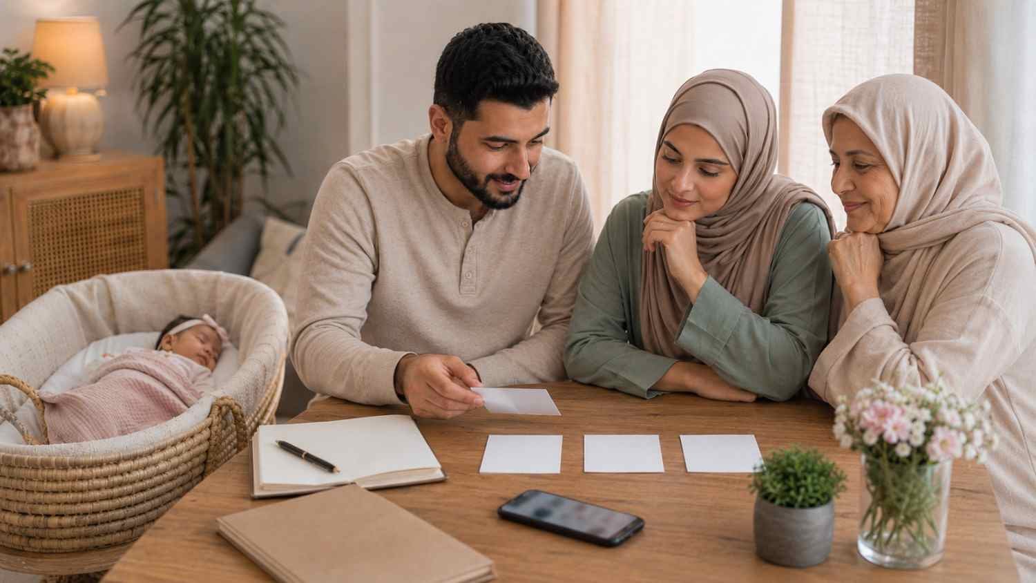 Muslim family discussing a final shortlist of girl names starting with D for their newborn daughter