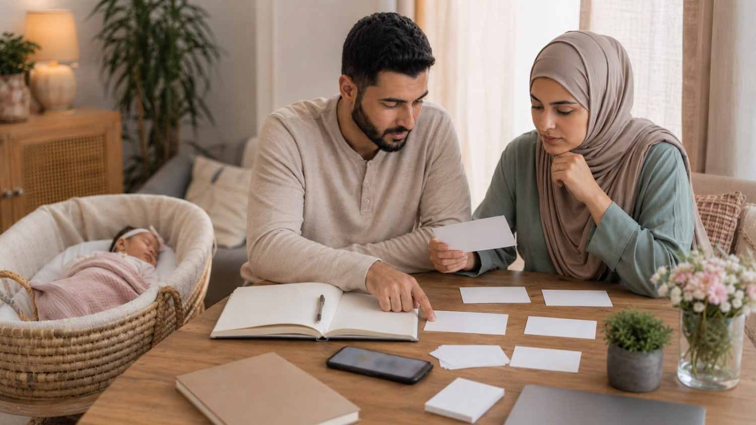 Muslim parents comparing meanings, origins and spelling variants of girl names starting with D while their newborn daughter rests nearby