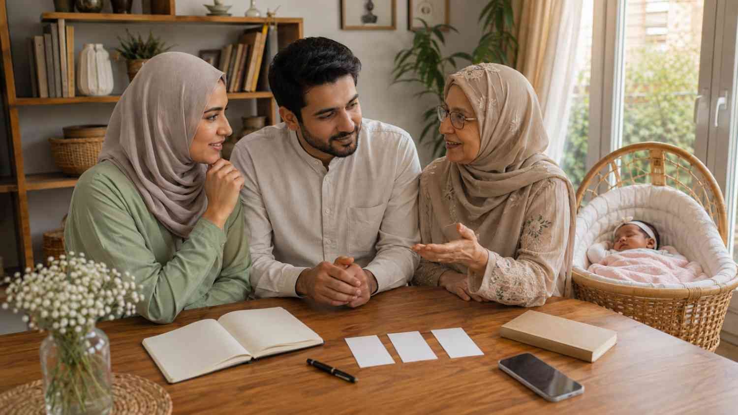 Muslim family discussing a final shortlist of baby girl names starting with F while choosing a name for their newborn daughter