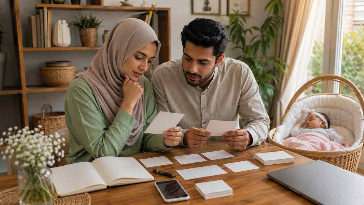 Parents comparing meanings, origins and spelling variants of Muslim girl names starting with F while their newborn daughter rests nearby