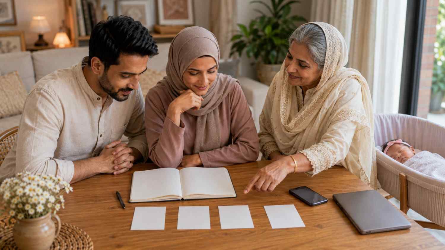 Muslim family discussing a final shortlist of girl names starting with H for their newborn daughter
