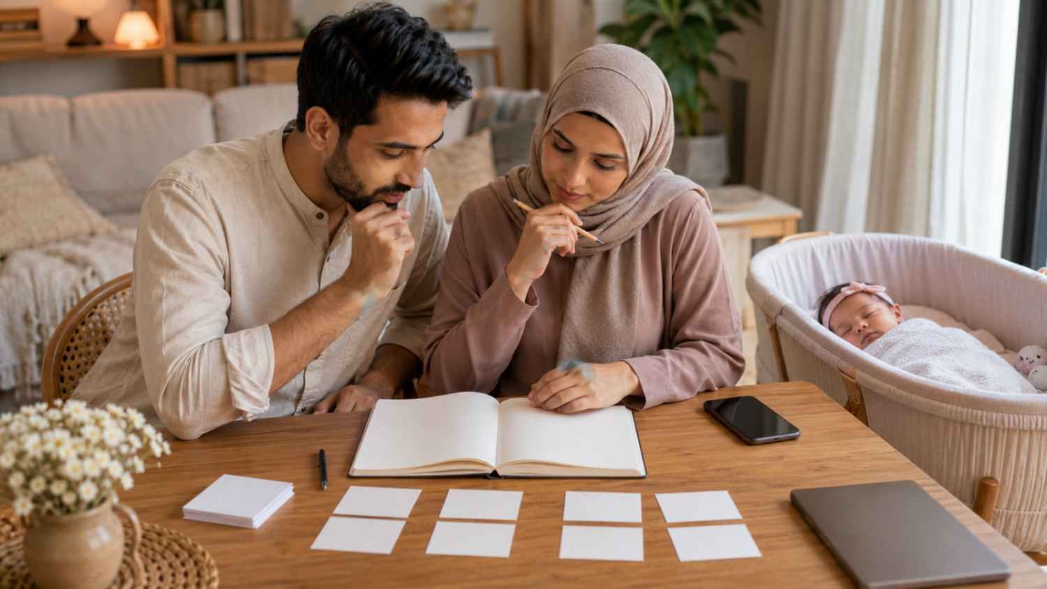 Parents comparing meanings, origins and spelling variants of Muslim girl names starting with H while their newborn daughter rests nearby