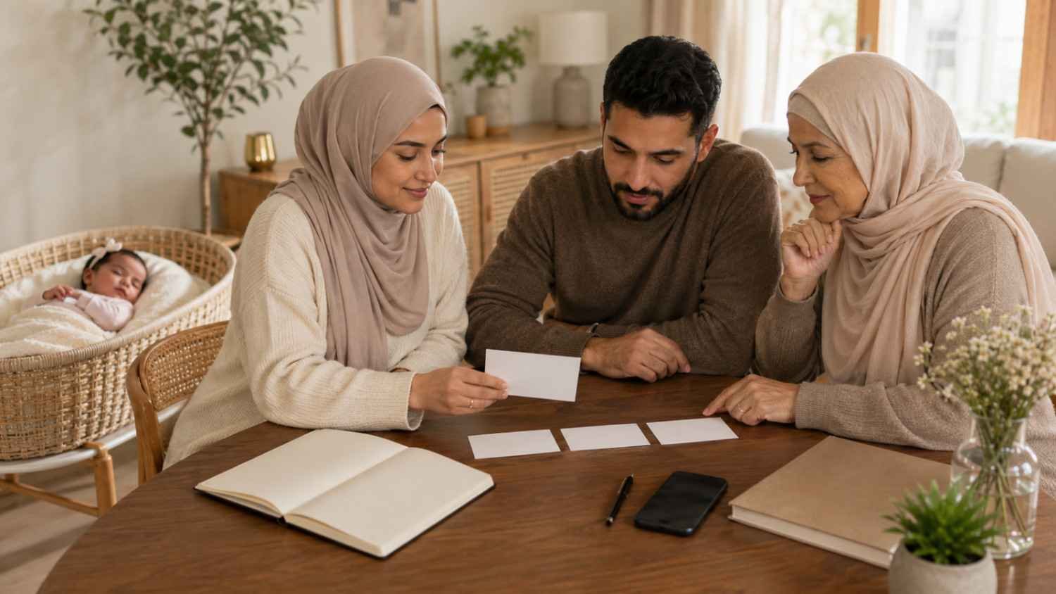 Muslim girl names starting with M being narrowed to a final shortlist by parents and grandmother for a newborn baby girl