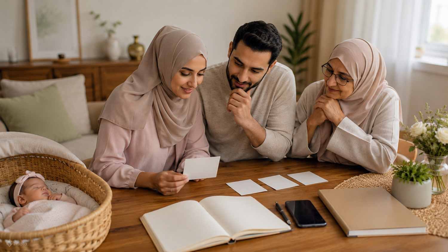 Muslim family discussing a final shortlist of baby girl names starting with N while choosing a name for their newborn daughter