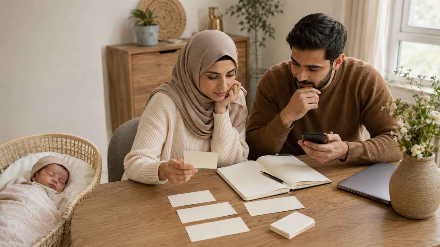 Parents comparing meanings, origins and spelling variants of Muslim girl names starting with N while their newborn daughter rests nearby