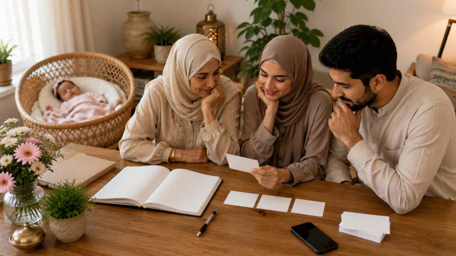 Muslim girl names starting with R being narrowed to a final shortlist by parents and grandmother for their newborn daughter