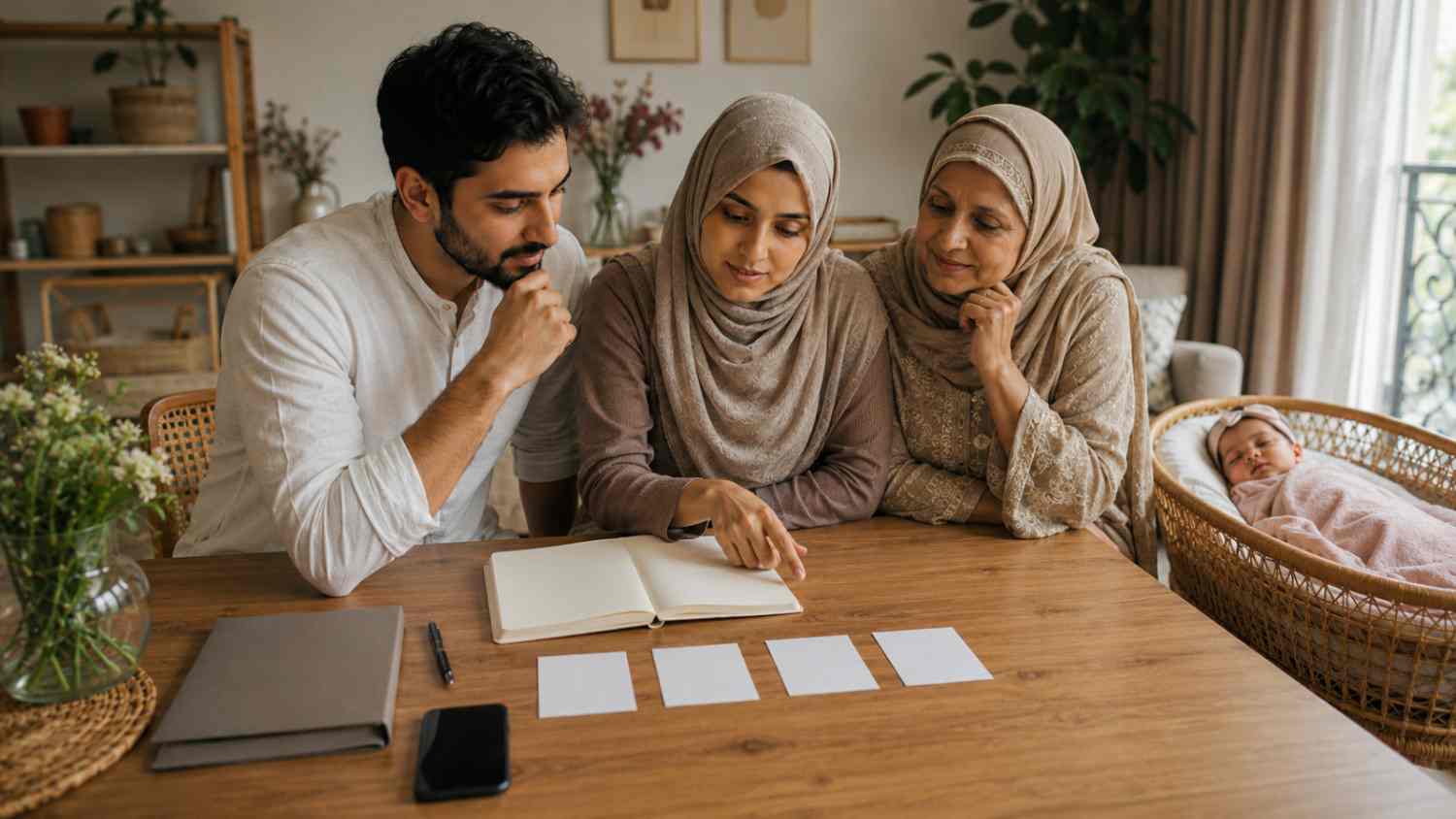 Muslim family discussing a final shortlist of girl names starting with Sha for their newborn daughter