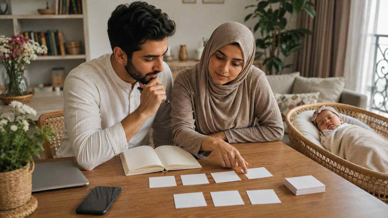 Parents comparing meanings, origins and spelling variants of Muslim girl names starting with Sha while their newborn daughter rests nearby