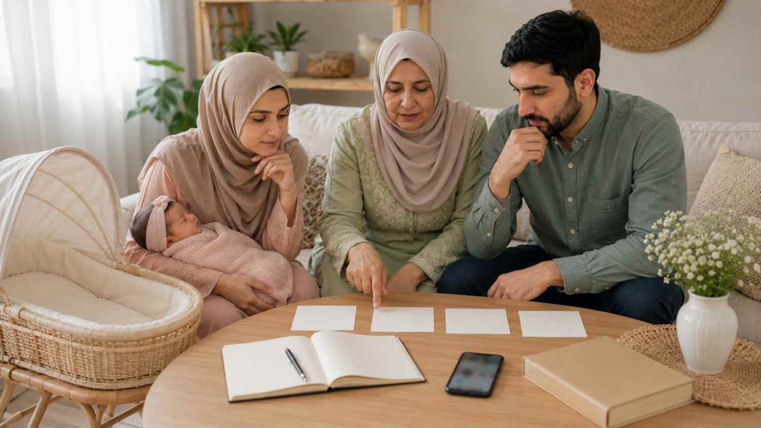 Muslim family discussing a final shortlist of girl names starting with T for their newborn daughter