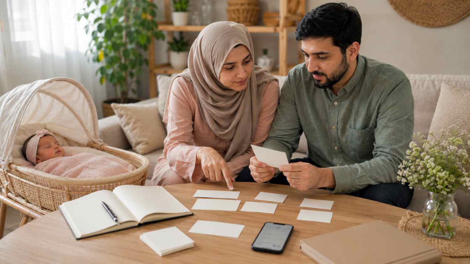 Muslim parents comparing meanings, origins and spelling variants of girl names starting with T while their newborn daughter rests nearby