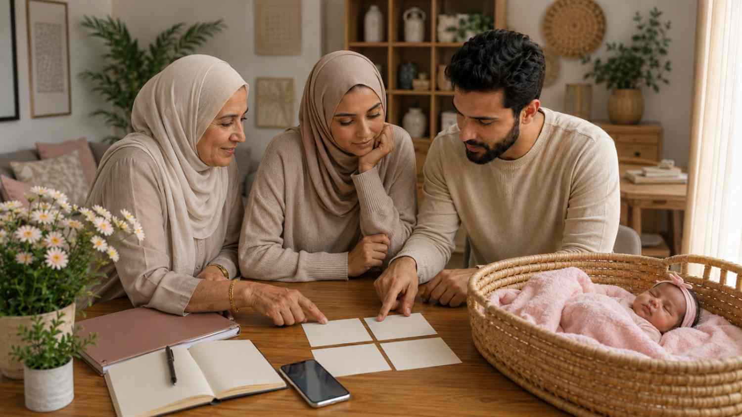 Muslim family discussing a final shortlist of girl names starting with Z for their newborn daughter