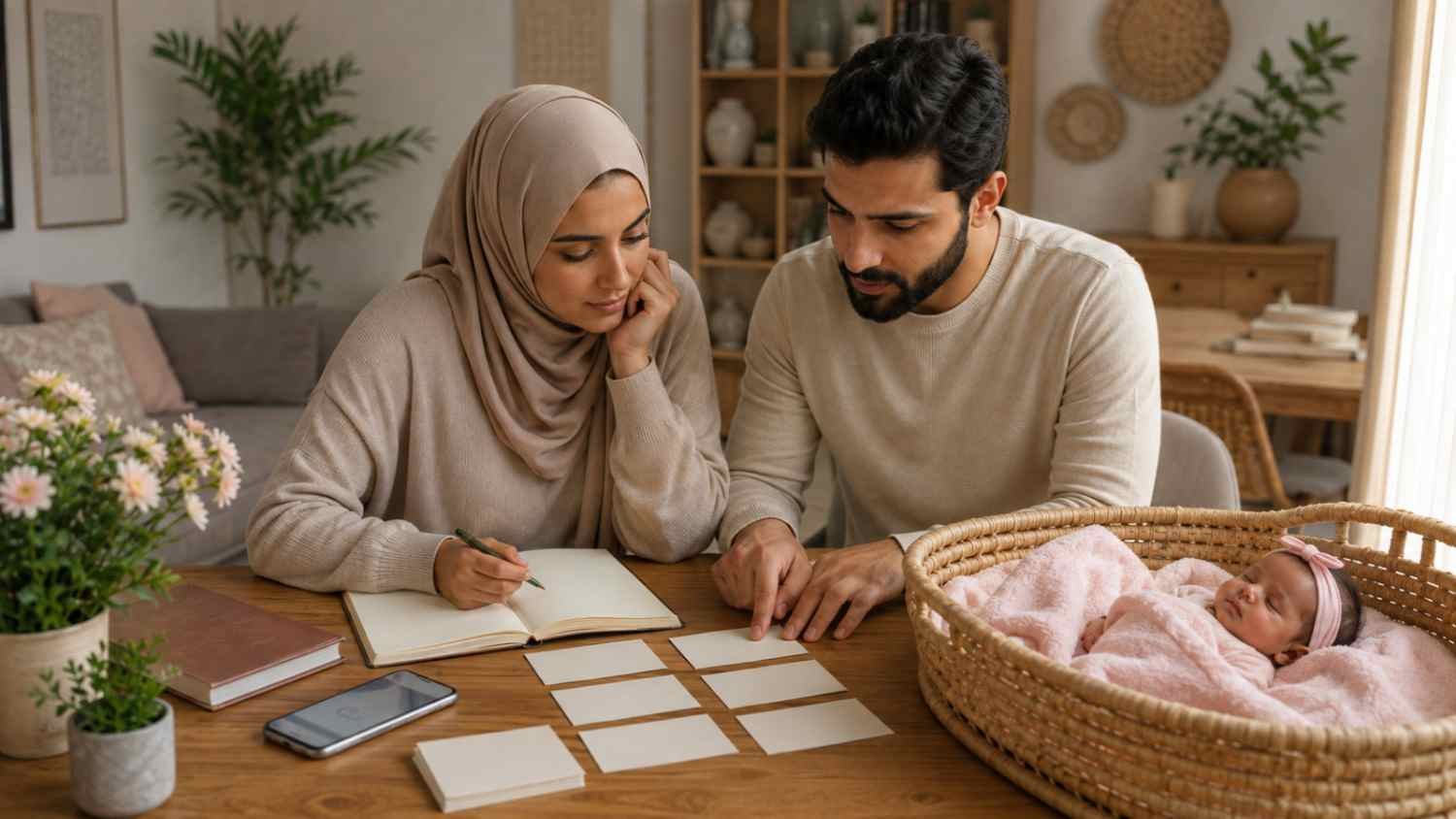 Muslim parents comparing meanings, origins and spelling variants of girl names starting with Z while their newborn daughter rests nearby
