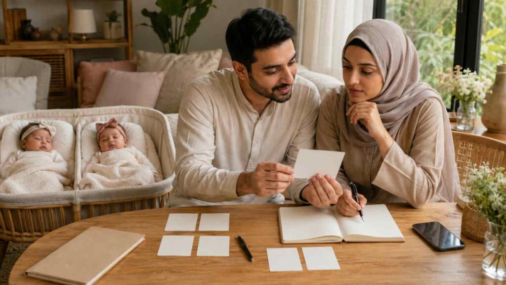 Muslim parents exploring paired names for their newborn twin baby girls at home