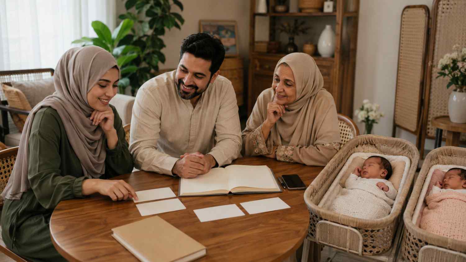 Muslim parents and grandmother discussing a final shortlist of names for their newborn twin baby girls