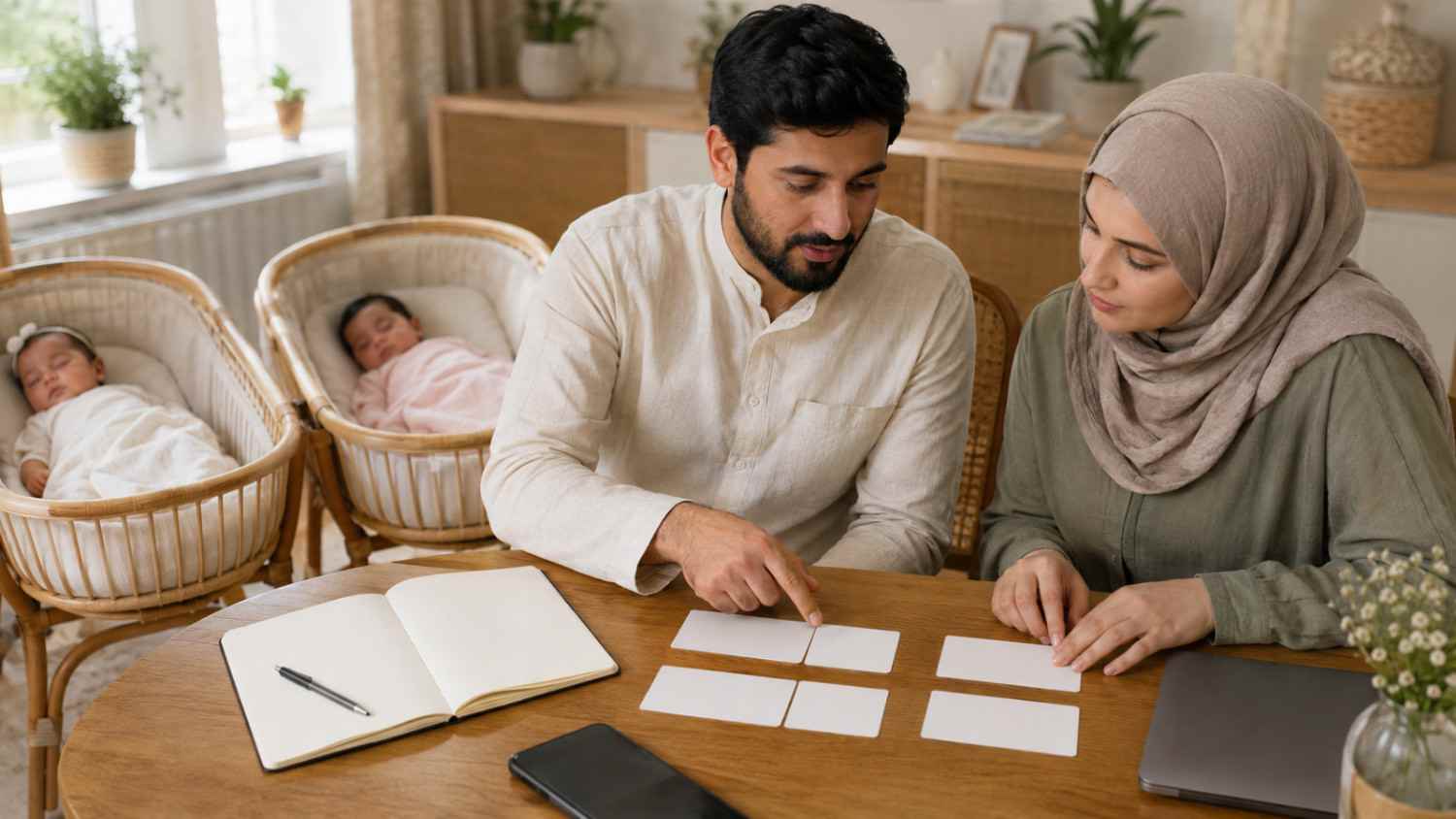 Muslim parents comparing meanings, origins and spelling variants of twin baby girl name pairs while their newborn twins rest nearby