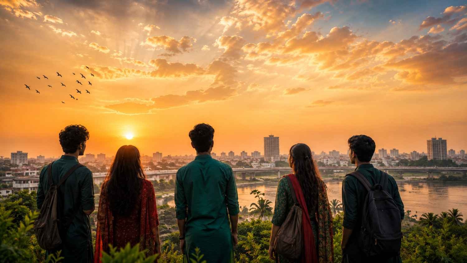 Patriotic Bengali poem – Bengali youth looking toward a peaceful shared future by a river and city