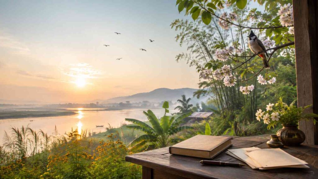 Raghunath Choudhary Poems represented by a native bird, wild flowers, a poetry book and the Brahmaputra landscape.