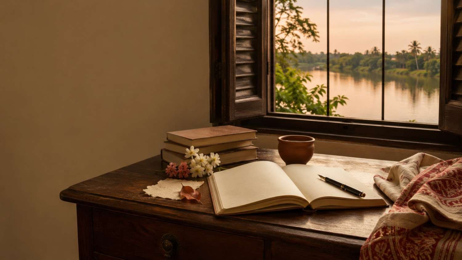 Sad Bengali poem writing scene with an open notebook, fountain pen, books and a quiet riverside view
