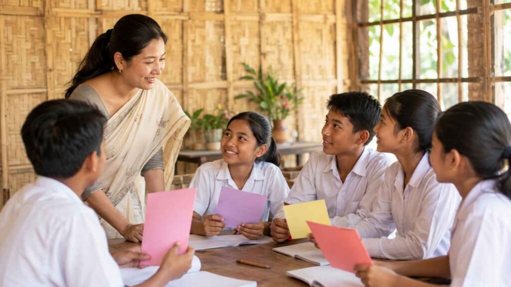 Assamese teacher and students participating in a respectful Teacher’s Day classroom activity.