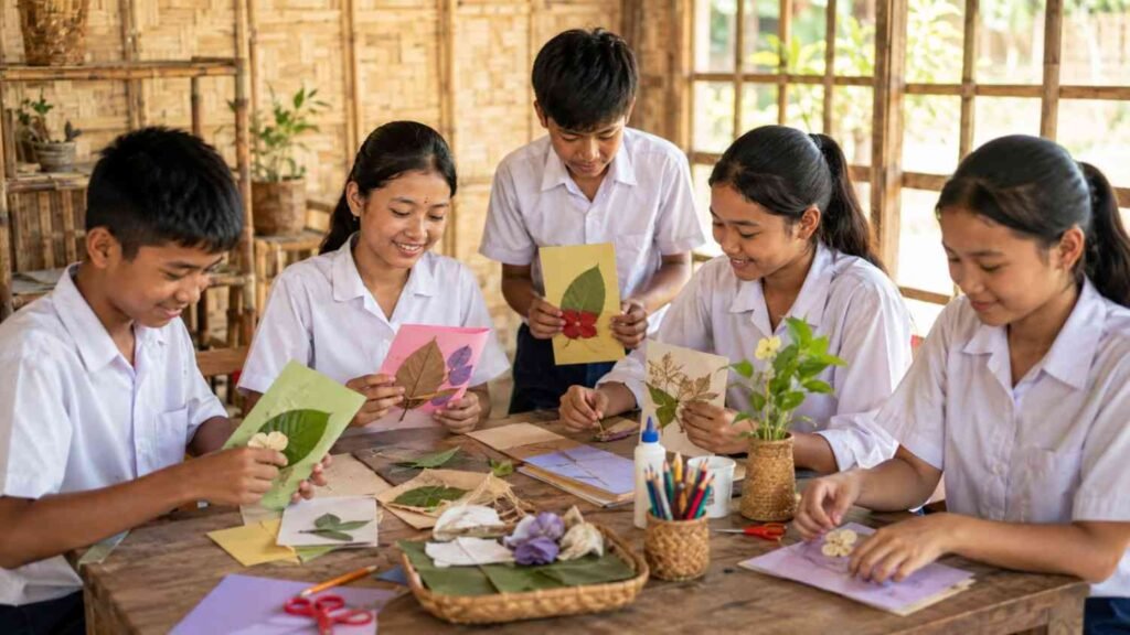 Assamese students creating handmade eco-friendly greeting cards for Teachers’ Day.