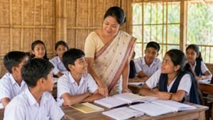 Teachers day poem in assamese represented by an Assamese teacher guiding school students in a warm classroom.