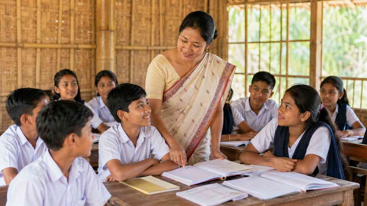 Teachers day poem in assamese represented by an Assamese teacher guiding school students in a warm classroom.