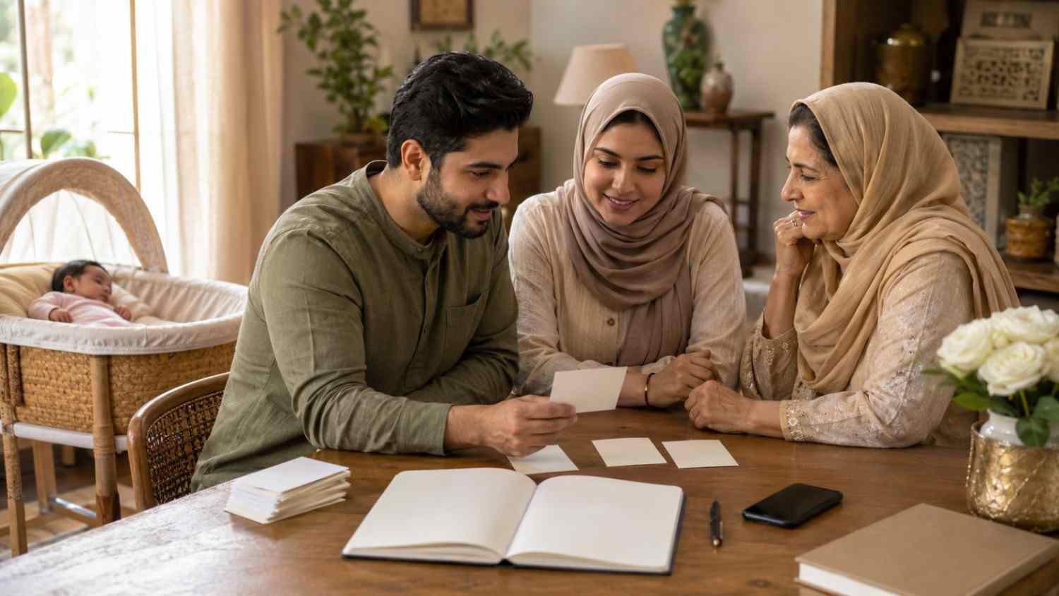 Top 100 Muslim girls names narrowed to a final shortlist by parents and grandmother for a newborn baby girl