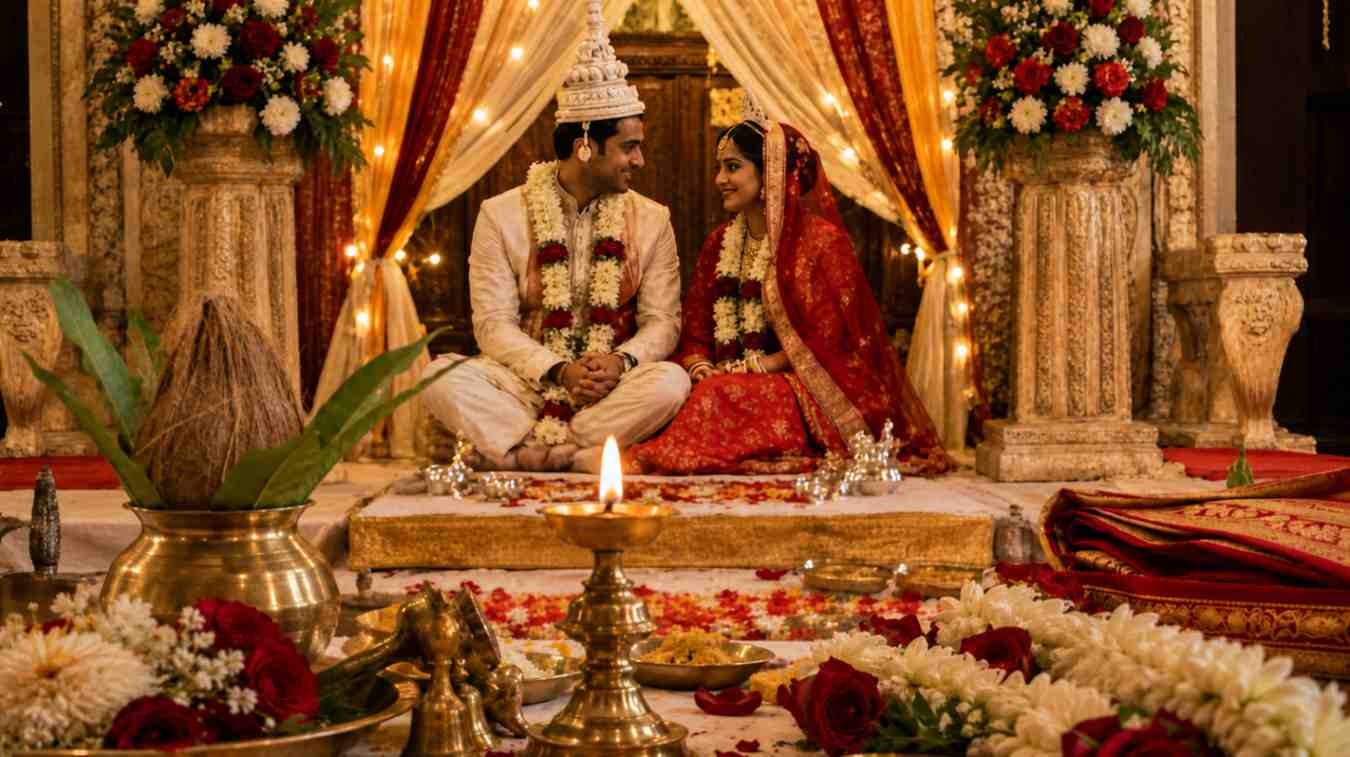 Wedding poem in Bengali – Bengali newlywed couple with diya, kalash, flowers and traditional wedding ceremony details