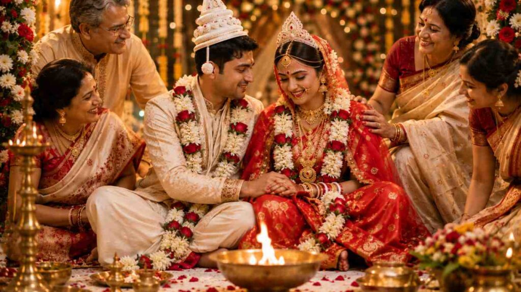 Wedding poem in Bengali – Bengali newlywed couple with family during a traditional wedding ceremony