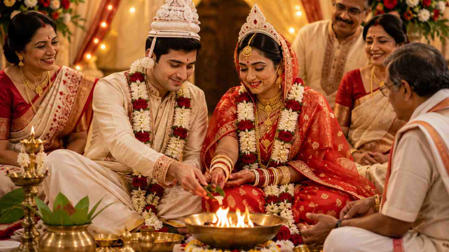 Wedding poem in Bengali – Bengali newlywed couple taking part in a traditional wedding ceremony with family