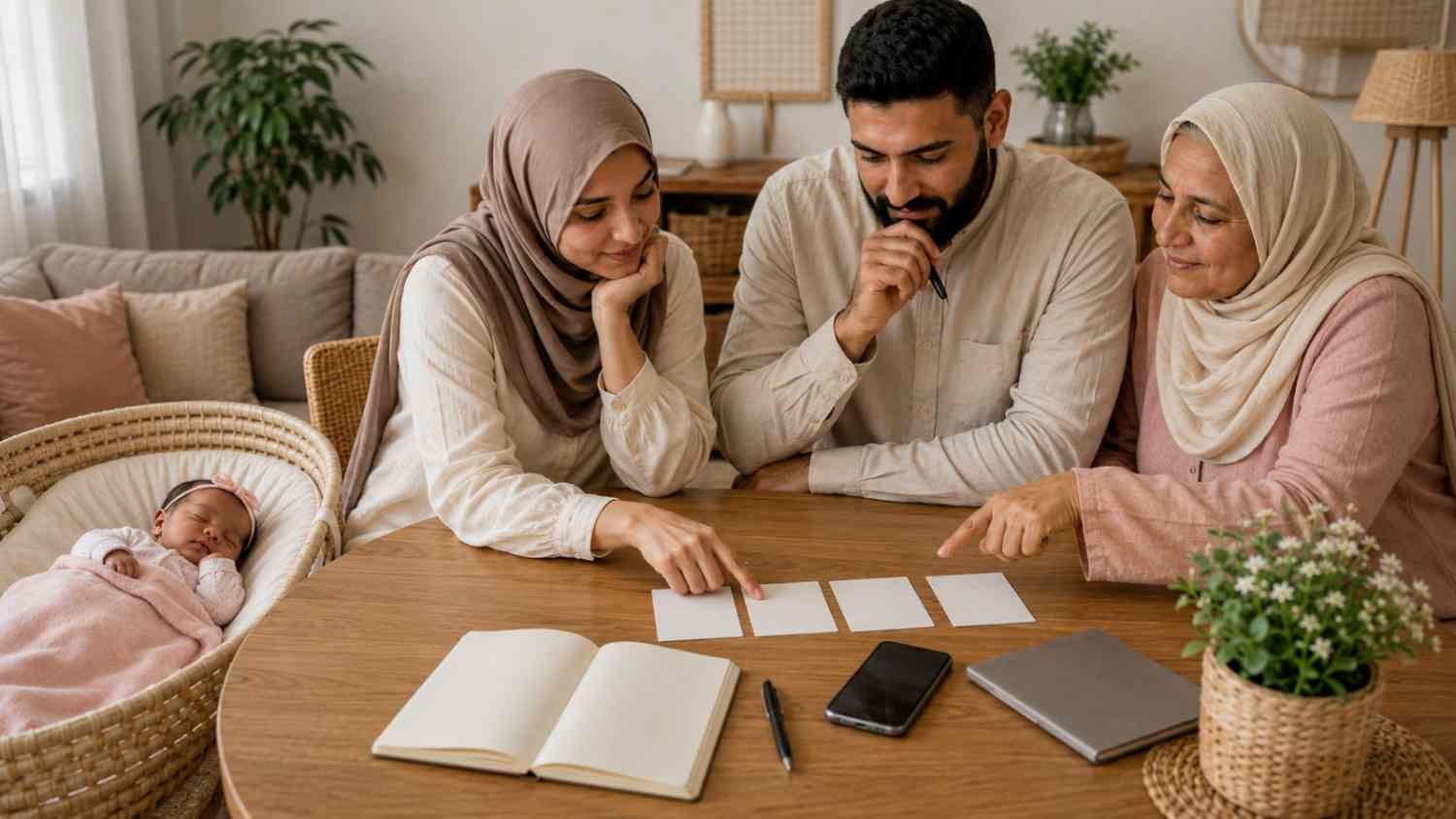 Muslim family discussing a final shortlist of girl names starting with B for their newborn daughter