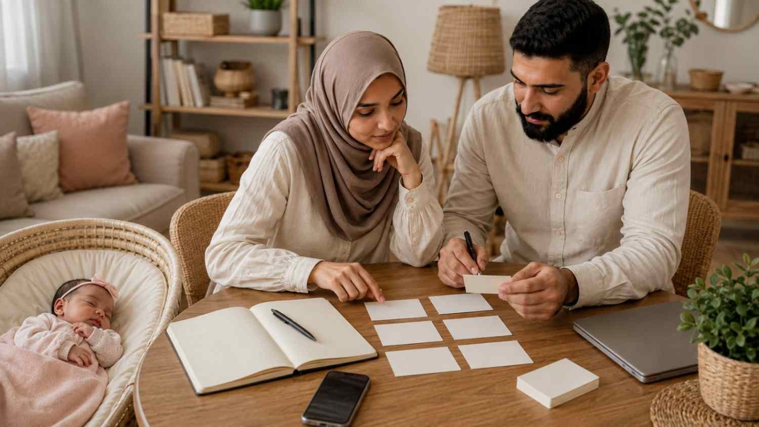 Muslim parents comparing meanings, origins and spelling variants of girl names starting with B while their newborn daughter rests nearby