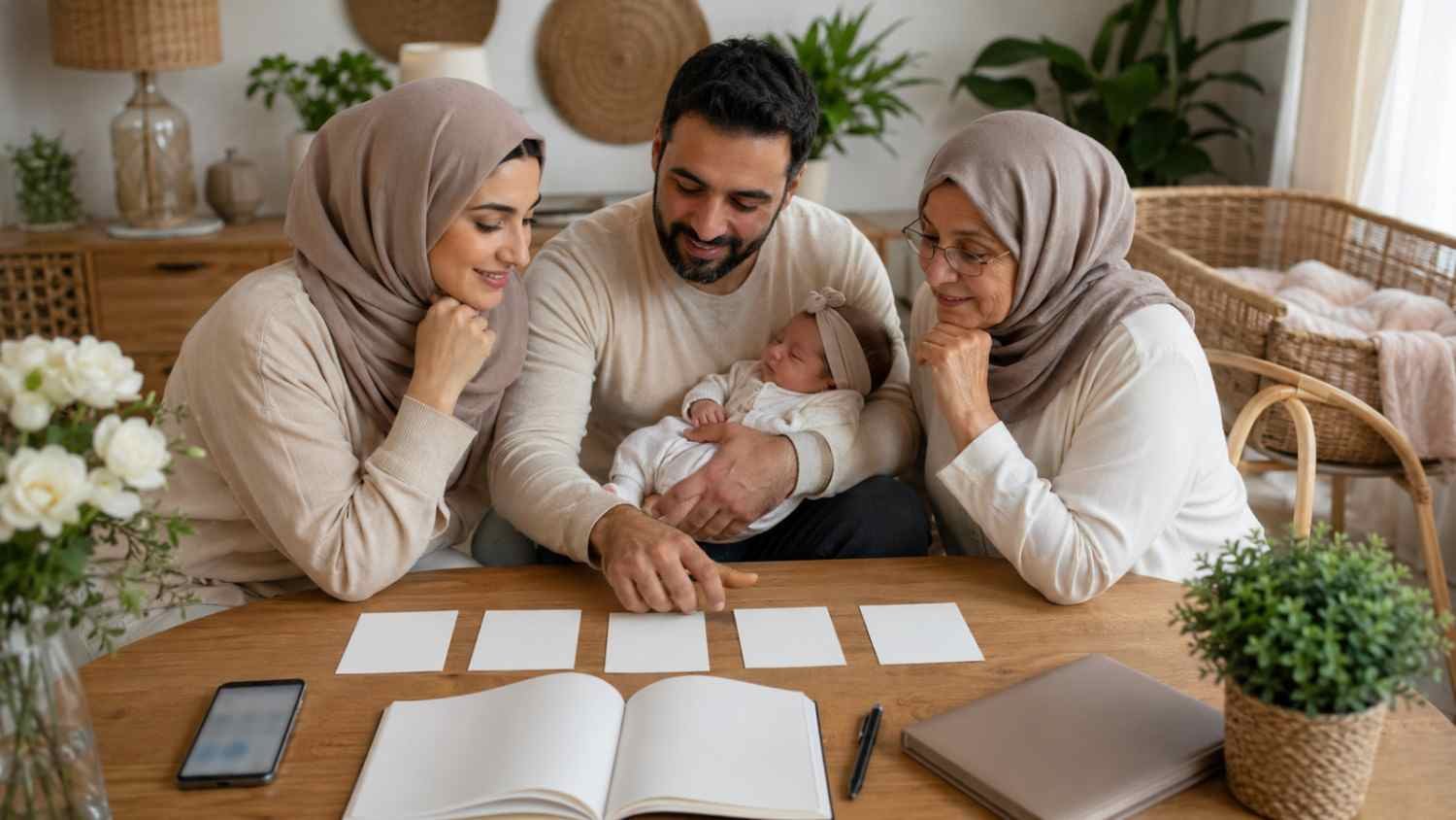 Muslim family discussing a final shortlist of girl names starting with I for their newborn daughter