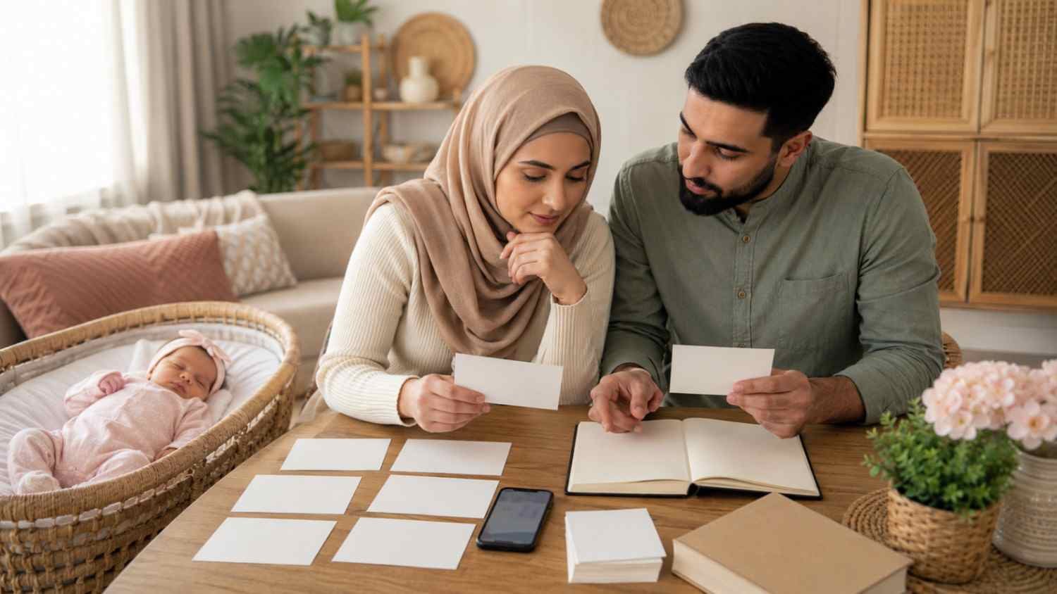 Muslim parents comparing meanings, origins and spelling variants of girl names starting with I while their newborn daughter rests nearby