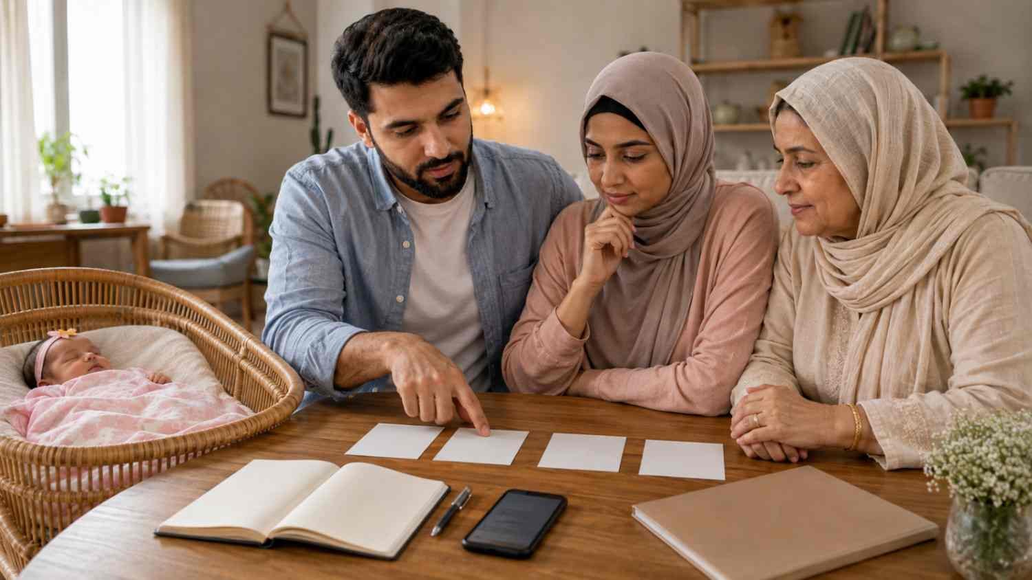 Muslim family discussing a final shortlist of girl names starting with J for their newborn daughter