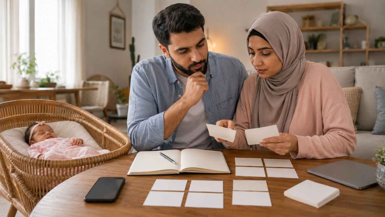 Muslim parents comparing meanings, origins and spelling variants of girl names starting with J while their newborn daughter rests nearby