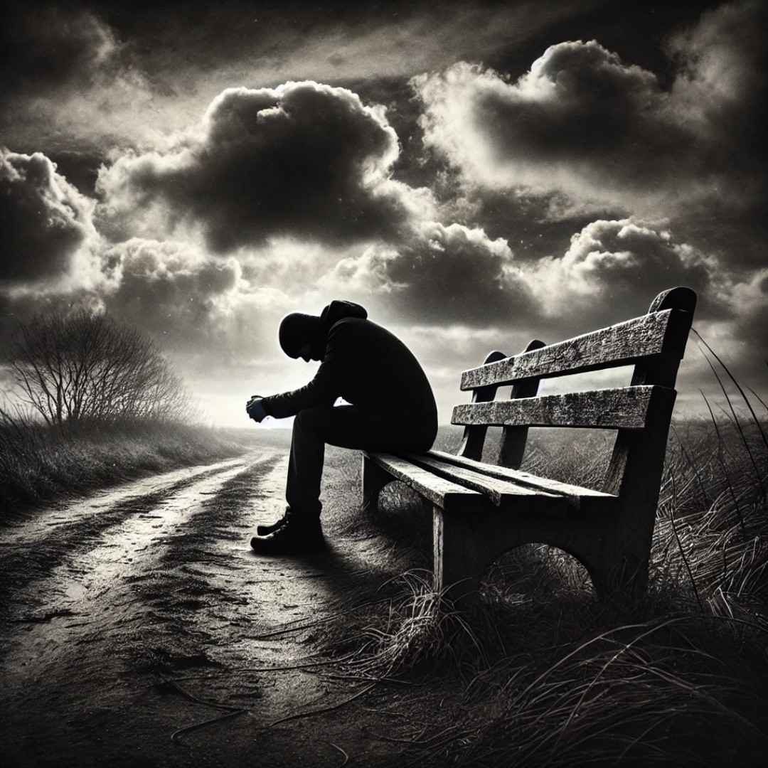 sad DP for Instagram aesthetic profile picture:A black-and-white image of a person sitting on a bench under a cloudy sky,