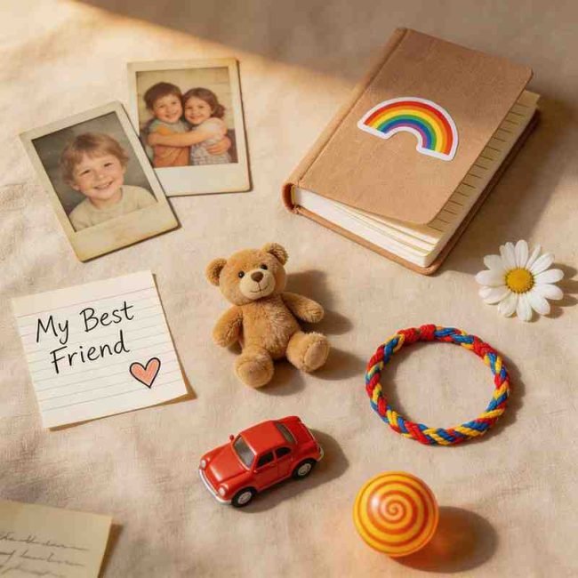 Copy and use childhood memories quotes with vintage keepsakes and photos