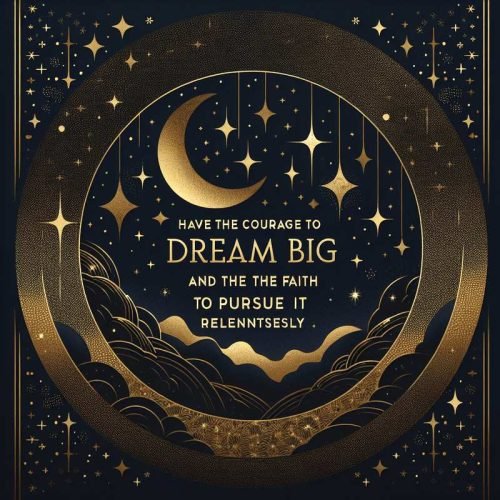 Elegant night sky illustration with crescent moon and stars featuring a motivational quote about dreaming big.