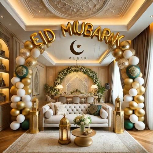 Living room decorated with 'Eid Mubarak' banners and balloon arch.