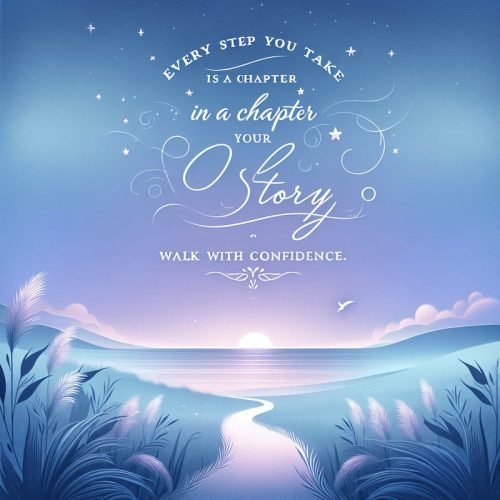 Serene landscape at sunrise with motivational quote about walking confidently through life’s journey.